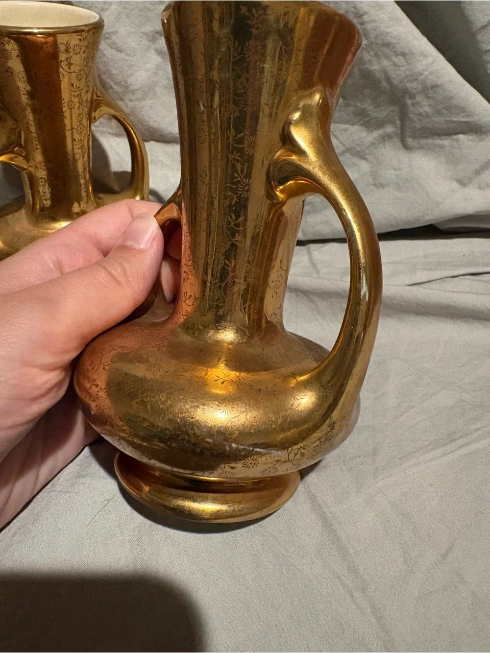 Pearl China 22K Gold Decorative Double-Handled Ceramic Vases - Pair